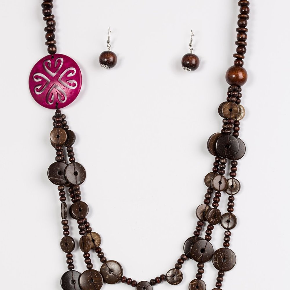 Paparazzi Wood Beaded Brown and Pink Necklace Set